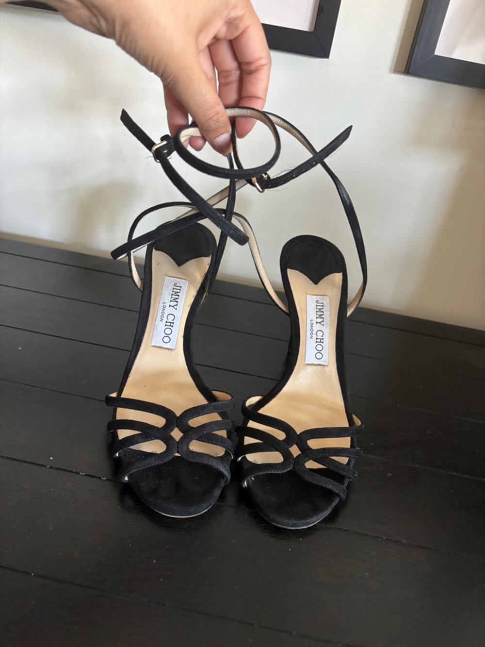 Jimmy Choo Black Suede Strappy Ankle-Tie Sandals